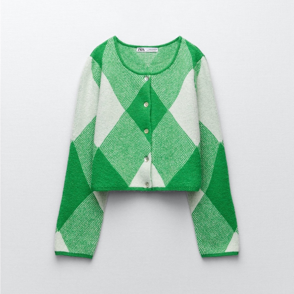 Zara green white argile plaid crop cardigan sweater